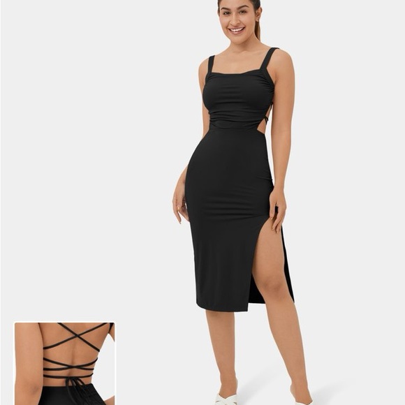 HALARA Dresses Halara Black Ruched Backless Crisscross Lace Up